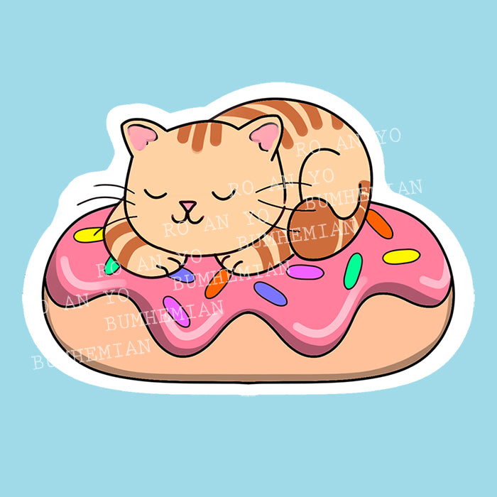 Kawaii Sleepy Cat on Donut - Sticker - Digital Download