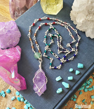 Load image into Gallery viewer, Amethyst Beaded Necklace - Silver plated wire wrapped rainbow beads - Jade Amethyst Crystals Necklace