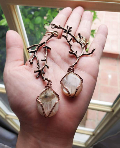 Vintage Rose gold branch + Pearly Sunstone, One of a kind earrings