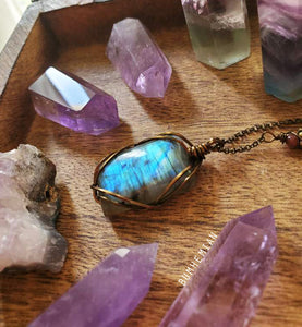 One of a Kind! Flash Blue Labradorite + Vintage Brass Rolo Necklace