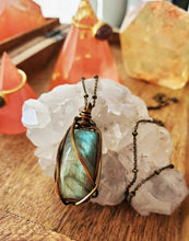 Load image into Gallery viewer, Flash Green Blue Labradorite + Vintage Brass Satellite