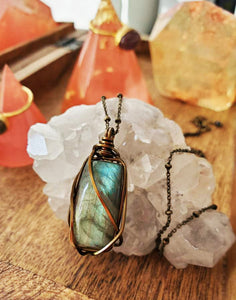 Flash Green Blue Labradorite + Vintage Brass Satellite