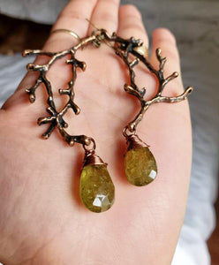 Vintage Rose gold branch + Moss Agate, One of a kind earrings + FREE STICKER INCLUDED