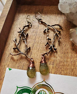 Vintage Rose gold branch + Moss Agate, One of a kind earrings + FREE STICKER INCLUDED