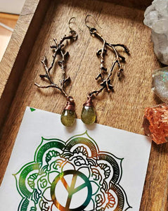 Vintage Rose gold branch + Moss Agate, One of a kind earrings + FREE STICKER INCLUDED