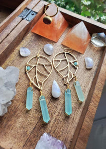 Chalcedony Crystal Points Leaf wire wrapped bead - Earrings