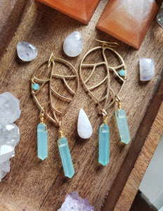 Chalcedony Crystal Points Leaf wire wrapped bead - Earrings