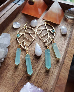 Chalcedony Crystal Points Leaf wire wrapped bead - Earrings