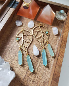 Chalcedony Crystal Points Leaf wire wrapped bead - Earrings