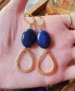 Lapis Lazuli Gold Hammered Teardrop - Lever Back Earrings