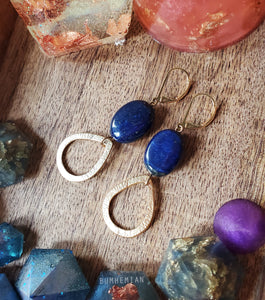 Lapis Lazuli Gold Hammered Teardrop - Lever Back Earrings