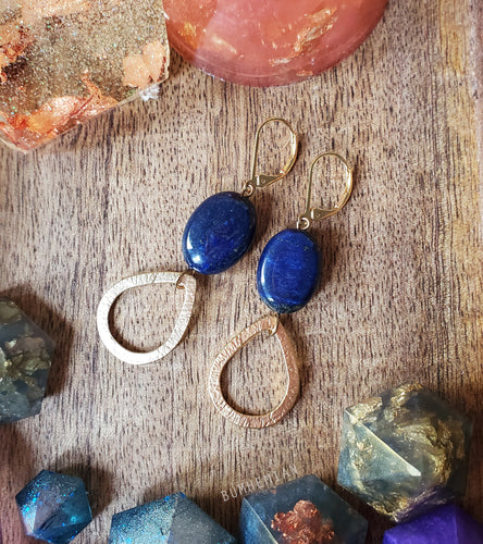 Lapis Lazuli Gold Hammered Teardrop - Lever Back Earrings