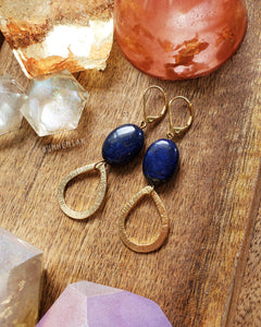 Lapis Lazuli Gold Hammered Teardrop - Lever Back Earrings