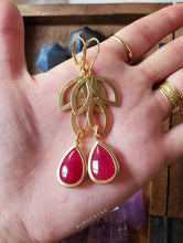 Load image into Gallery viewer, Triple Leaf Gold Framed Fuchsia Drops - Earrings