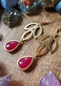 Triple Leaf Gold Framed Fuchsia Drops - Earrings