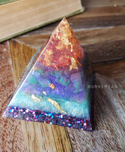 Load image into Gallery viewer, Rose Gold AMAZONITE Purple Glitter Orgonite Pyramid Reiki Resin Crystal Paper Weight Ring Cone