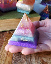 Load image into Gallery viewer, Gold Foiled Pink and Purple Orgonite Pyramid Reiki Resin Crystal Paper Weight Ring Cone