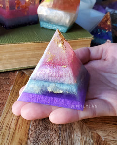 Gold Foiled Pink and Purple Orgonite Pyramid Reiki Resin Crystal Paper Weight Ring Cone