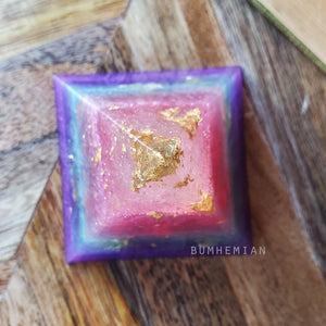 Gold Foiled Pink and Purple Orgonite Pyramid Reiki Resin Crystal Paper Weight Ring Cone