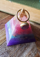 Load image into Gallery viewer, Gold Foiled Pink and Purple Orgonite Pyramid Reiki Resin Crystal Paper Weight Ring Cone