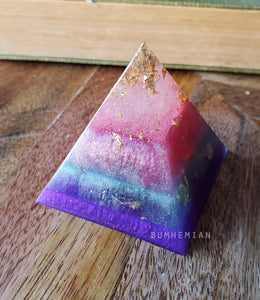 Gold Foiled Pink and Purple Orgonite Pyramid Reiki Resin Crystal Paper Weight Ring Cone