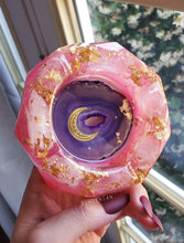 Load image into Gallery viewer, Rose Quartz Gold Foiled Purple Lace Agate Slice Crystal Shaped Ashtray Trinket Tray