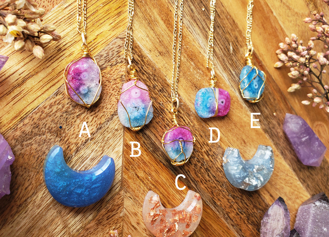 Rainbow Solar Quartz Druzy Slice on Figaro Chain Boho Necklaces