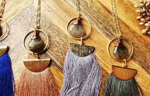 Rutilated Black Phantom Quartz Circle Tassel Boho Necklaces